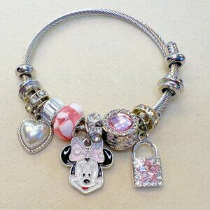 Disney Minnie Mouse Silver and Pink Charm Bracelet